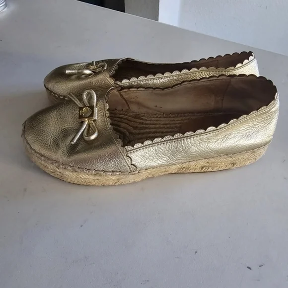 Kate Spade Platform Loafers 7.5 Gold Metallic Women Loranne Slip On Accents Bow - Picture 12 of 13